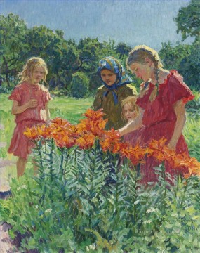ニコライ・ペトロヴィッチ・ボグダノフ・ベルスキー Painting - 花を摘む ニコライ・ボグダノフ・ベルスキー